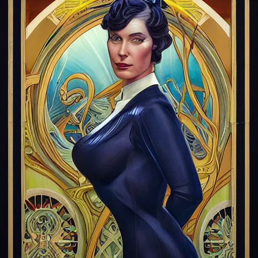 Image similar to an art nouveau, ( streamline moderne ), multi - racial portrait in the style of donato giancola and anna dittmann and charles dulac. very large, clear, expressive, and intelligent eyes. symmetrical, centered, ultrasharp focus, dramatic lighting, photorealistic digital matte painting, intricate ultra detailed background.