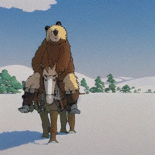 Prompt: Anime Russian man riding a bear in tundra, Studio Ghibli, highly detailed, establishing shot