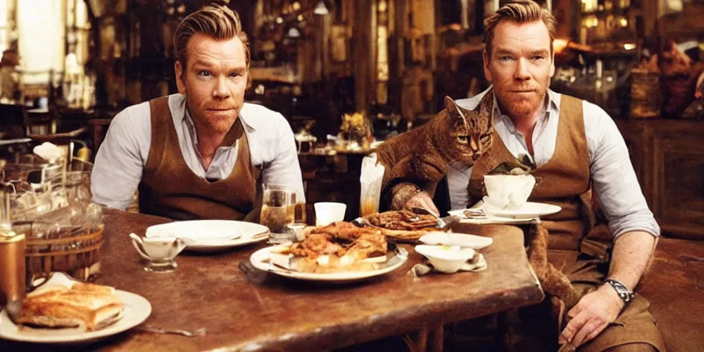 Image similar to ewan mcgregor is sitting at table in a cafe at paris in early 2 0 th century. next to him is a brown cat licking milk from little saucer, atmospheric feeling, warm colours, brown colours, yellow colours, epic scene, cinematic, very detailed