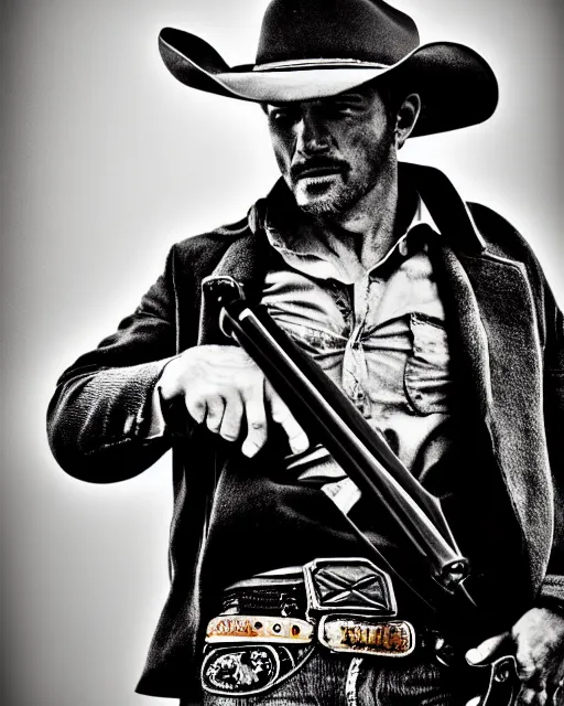 Prompt: portrait of cowboy holding revolver, detailed medium format photo, polaroid still, black and white, western, high production value, intricate details, high resolution, hyperrealistic, hdr, high definition, award winning photography, masterpiece, ultra realistic, highly detailed, hd, sharp focus, cinematic lighting, shaded, non blurry, sharp, smooth