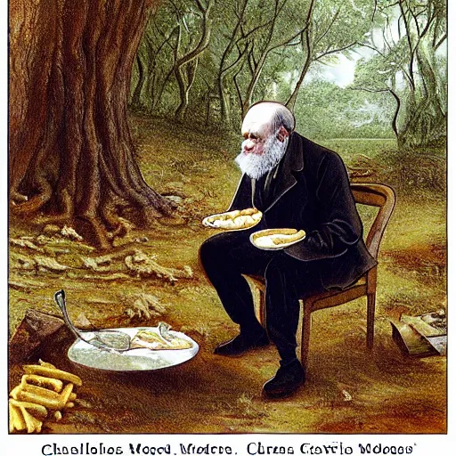 Prompt: charles darwin eating mac and cheese in the woods