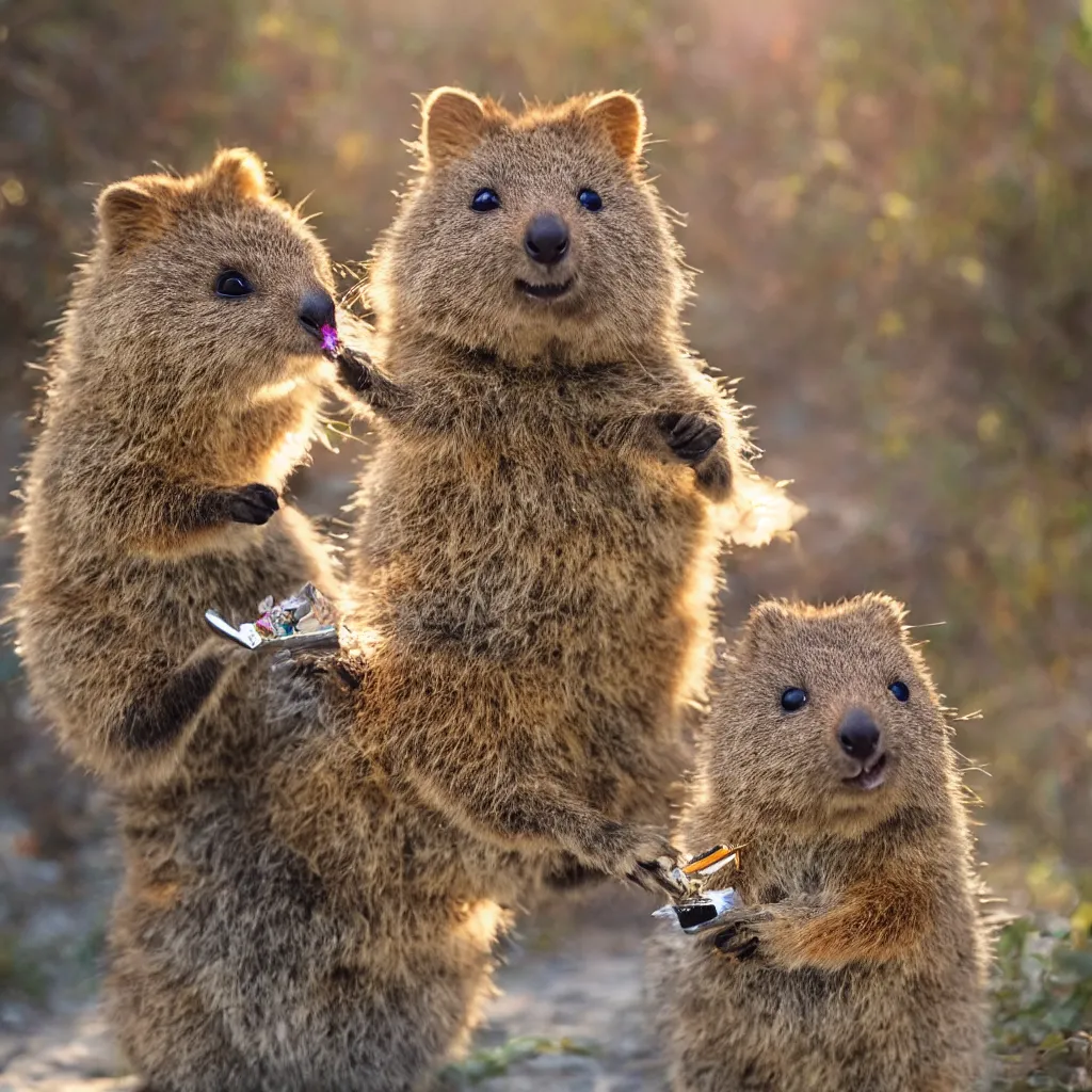 Prompt: happy quokka taking a smoking a joint and eating candy, golden hour, ultra realistic