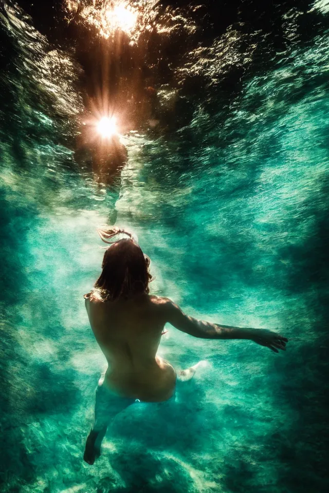 Image similar to underwater looking up, human woman model swimming in large tall rock trench , toward the sun rays and caustics, film , cinematic, underwater photography, low angle view