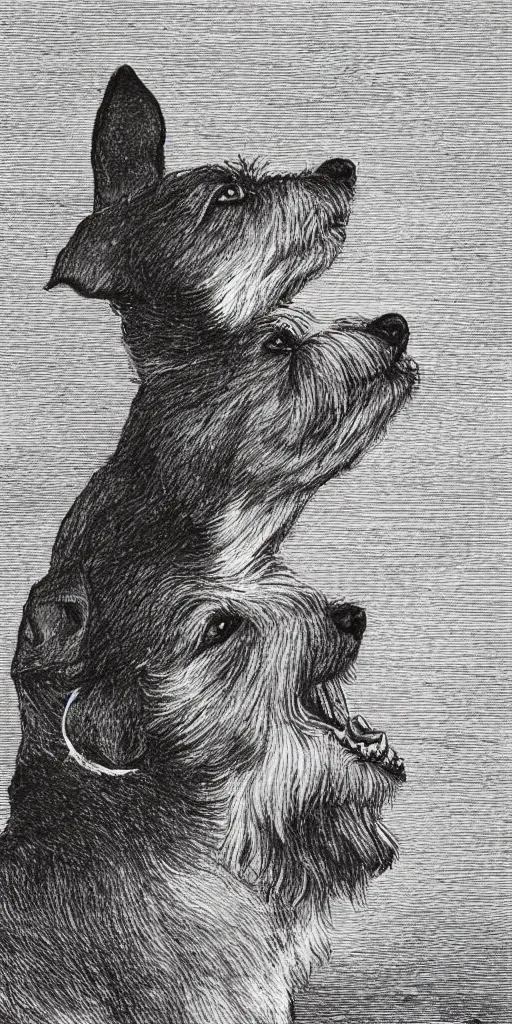 Image similar to portrait of jack russel dog looking up and howling with mouth open sad, night sky, highly detailed, side view, illustrated by peggy fortnum and beatrix potter and sir john tenniel