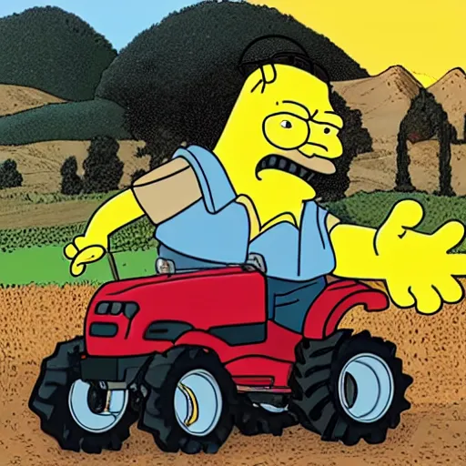 Prompt: A cyclops riding a tractor listening to AirPods in the style of the Simpsons