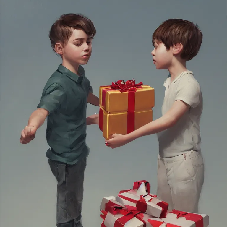 Prompt: a cute boy with a giftbox with bow and ribbon in a painting from stalenhag, 4 k, 8 k, hdr, artstation, concept art