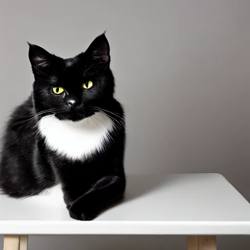 Prompt: studio photograph of a black cat sitting on a white table