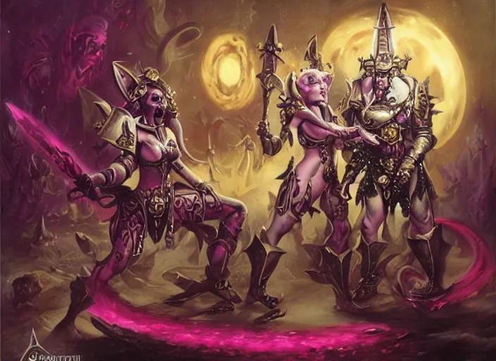 Prompt: Cute Slaanesh demonette trying to call a loyal space marine to the chaos side, art by Mark Simonetti and Gil Elvgren, Warhammer 40000 illustration