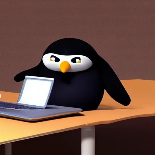 Image similar to pingu sitting behind a computer, 3 d render,, art, epic lighting