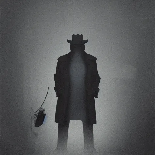 Prompt: man posing in the dark with a fedora hat and a trench coat, dark photo, noir, horror, digital illustration, matte painting, rutkovski, beksinski