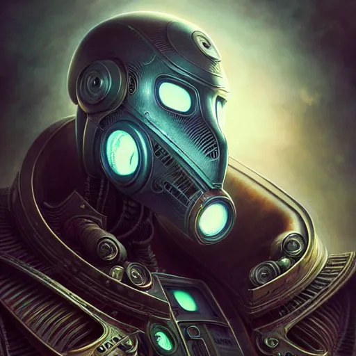 Image similar to low angle portrait shot of a cyberpunk gazmask robot character, intricate, elegant, highly detailed, centered, digital painting, artstation, concept art, smooth, sharp focus, illustration, artgerm, Tomasz Alen Kopera, Peter Mohrbacher, donato giancola, Joseph Christian Leyendecker, WLOP, Boris Vallejo