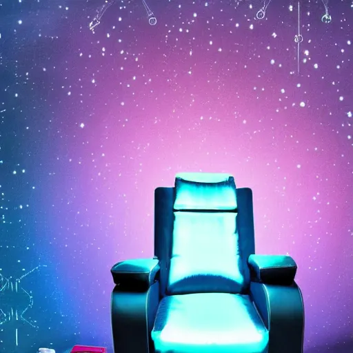 Image similar to recliner chair floating in space, acupuncture treatment, a person receiving acupuncture, galactic background, dreamy, dramatic lighting, universe scale