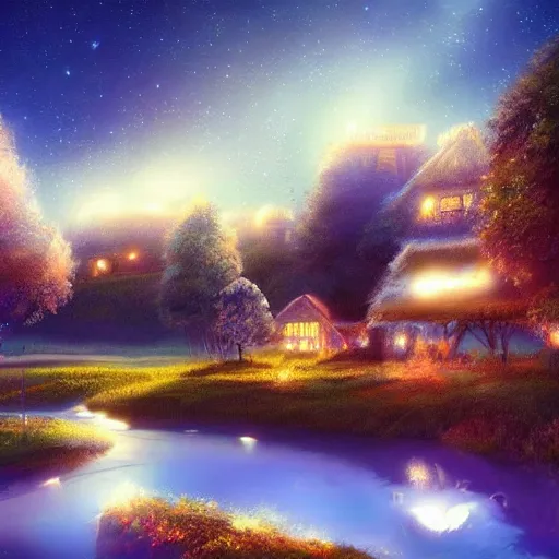 Prompt: a beautiful landscape at night, magical lights, fireflies, a sense of wonder, water reflections, glowing magical clouds, digital art, pixar concept art