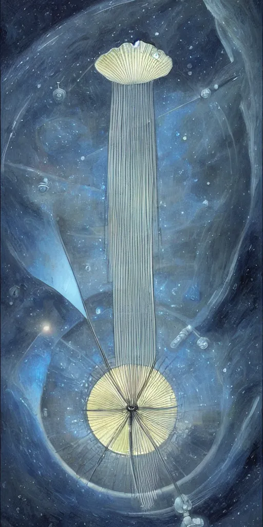 Prompt: a giant beautiful diatom hanging inside a space station, fantasy art by John Howe