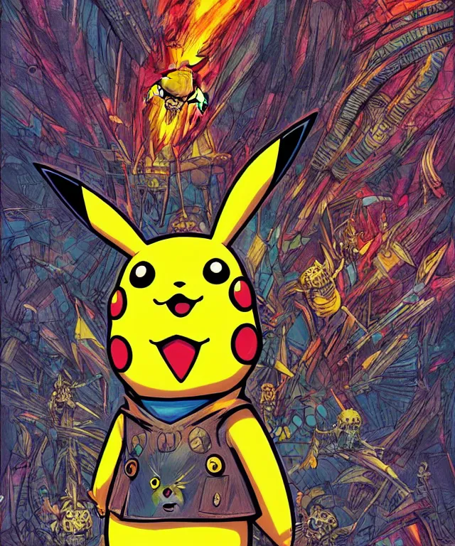 Image similar to pikachu in the art style of philippe druillet, crisp 8 k line art, digital painting, artstation, concept art, matte, sharp focus, hyper realistic lighting, illustration