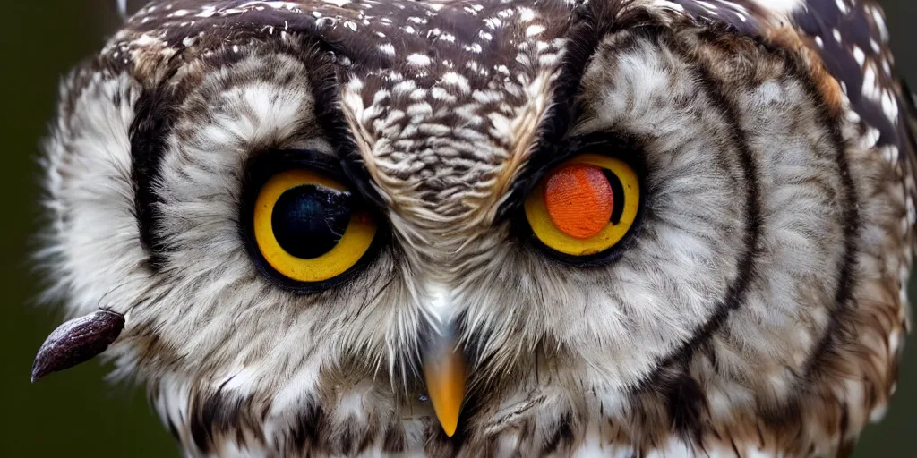 Image similar to scenic photo of an owl catching a mouse. the mouse is covered in blood. focus on the owl's beak and eye. intricate eye. extremely large wings. extreme detail, hyperrealistic photo