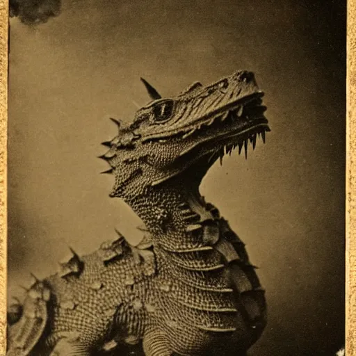 Image similar to victorian photograph of a pet dragon, highly realistic, scaly, grainy photo, very blurry, creature, faded, taken in the 1 8 8 0 s, 1 8 7 0 s, 1 8 9 0 s