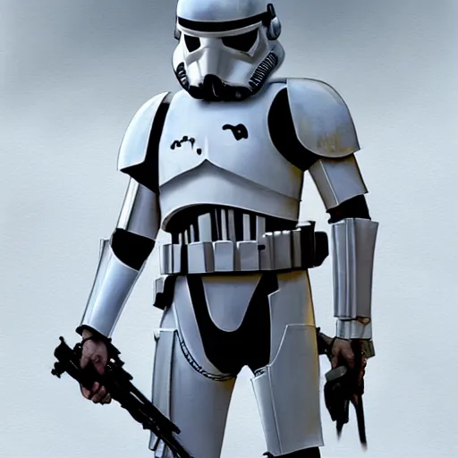 Image similar to an extremely long shot of an imperial stormtrooper walking concept art by Doug Chiang cinematic, realistic painting, high definition, very detailed, extremely high detail, photo realistic, symmetrical, concept art, the Mandalorian concept art style