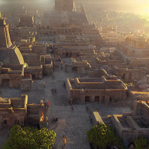 Prompt: dense aztec city, highly detailed, tilt shift, volumetric lighting concept art, octane render