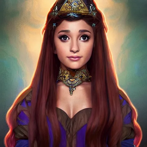 Image similar to portrait of ariana grande as a sorceress, looking at camera, d & d, intricate, elegant gown, stylish, cute smirk, fantasy, extremely detailed, digital painting, artstation, concept art, smooth, sharp focus, illustration, stunning lighting, art by artgerm and greg rutkowski and alphonse mucha and simon stalenhag.