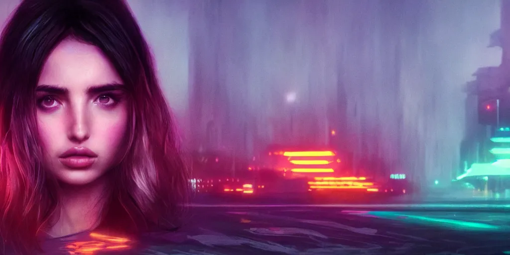 Image similar to beautiful Ana de Armas, blade runner 2049, long flowing hair, trending on artstation, unreal engine, purple neon, green rain, matte painting