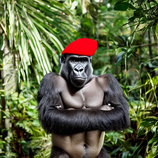 Prompt: professional portrait of a gorilla wearing a camouflage military blouse and a red beret in a jungle, 8k, cinematic,