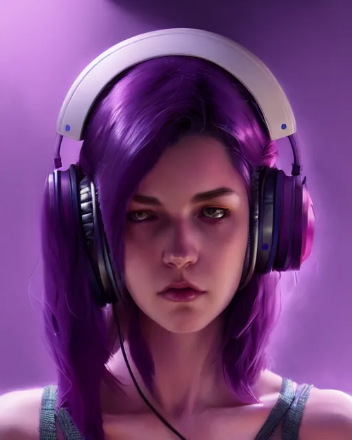 Image similar to stunningly beautiful purple haired female with headphones at home studio streaming games late at night, very detailed, 4 k, concept art like ernest khalimov, intricate details, highly detailed by greg rutkowski, ilya kuvshinov, gaston bussiere, craig mullins, simon bisley, backlit