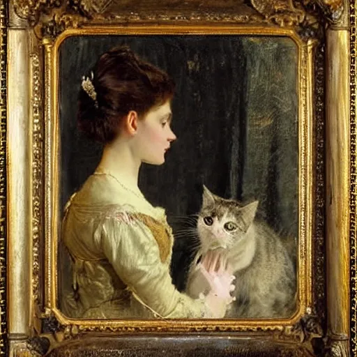 Image similar to young victorian lady in ball gown trying to pet a distressed cat, painted by alfred stevens