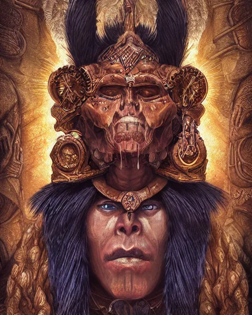 Prompt: digital painting of supay, incan god of death, by filipe pagliuso and justin gerard, symmetric, fantasy, highly detailed, realistic, intricate, portrait, sharp focus, tarot card, face, handsome, peruvian