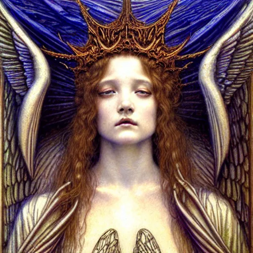 Prompt: detailed realistic beautiful young radiant medieval angel queen portrait by jean delville, gustave dore and marco mazzoni, art nouveau, symbolist, visionary, gothic, pre - raphaelite, horizontal symmetry