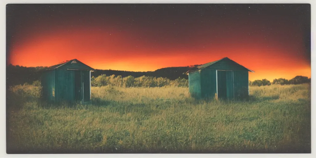 Prompt: analog polaroid of an abandoned shed in the middle of nowhere, orange green sky with stars, color bleed