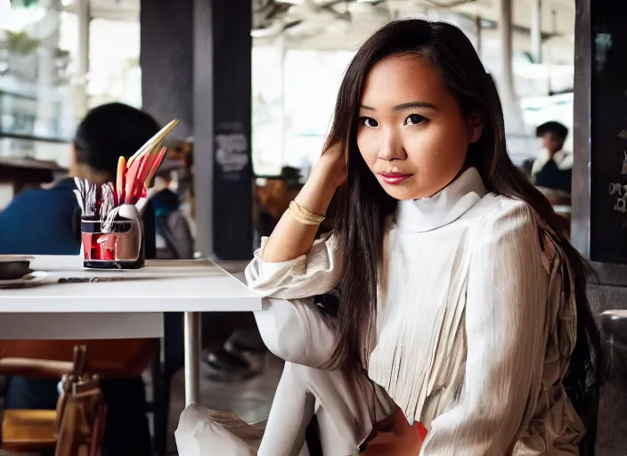 Prompt: young adult filipino woman in a coffee shop wearing an avant garde outfit designed by zaha hadid, natural light, magazine photo, 5 0 mm