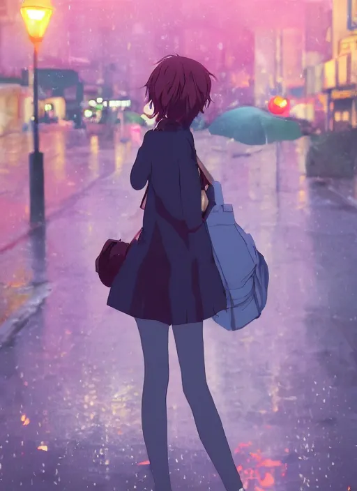 Image similar to listening to music at 2 am, night, pretty girl, pose, rain, lofi, lofi, peaceful, street light, anime key visual, poster, street wears, anime, by ghibli, ghibli studio high quality, 4 k, trending, trending on artstation