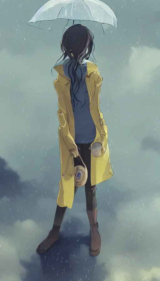 Prompt: girl in a yellow coat standing in the rain holding a small pocket watch, thick outlines, pale colors, digital art, hard edges, detailed, dynamic pose, character design, fisheye perspective, above angle, artwork by makoto shinkai, very coherent asymmetrical artwork, matte painting, sharp edges, perfect face, simple form