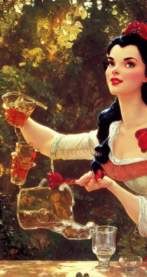 Image similar to close up of snow white pouring a drink, sun shining, photo realistic illustration by greg rutkowski, thomas kindkade, alphonse mucha, loish, norman rockwell.