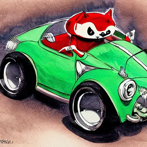 Prompt: racoon riding in a tiny hot rod coupe with oversized engine, ratfink style by ed roth, centered award winning watercolor pen illustration, by fine art america, edited by range murata