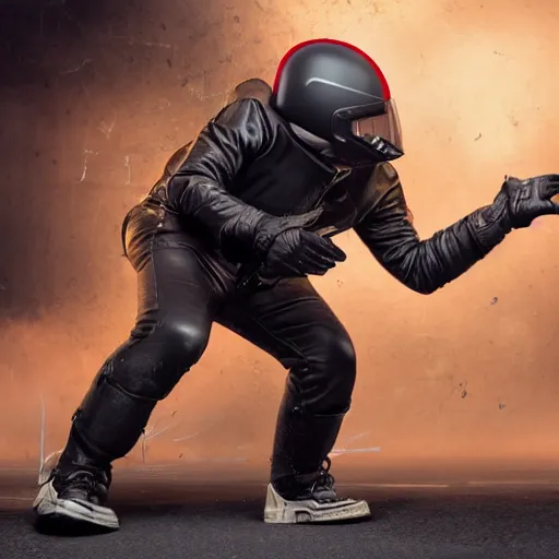 prompthunt: Man wearing dark racing helmet with cracked visor, red hockey  pads, snowboots, leather jacket, black leather gloves, firing a comically  large minigun, in destroyed, abandoned, vibrant, suburban neighborhood.  high quality, unreal