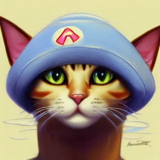 Image similar to Front Portrait of a Cat wearing a Super Mario hat, kawaii aesthetic, nintendo, highly detailed, digital painting, artstation, concept art, smooth, sharp focus, illustration, art by artgerm and greg rutkowski and alphonse mucha