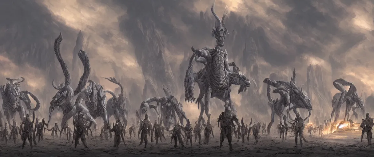 Image similar to digital painting concept art of a xenomoprh army, high detailed, volumetric lighting, style of Ralph McQuarrie, matte painting, photoshop