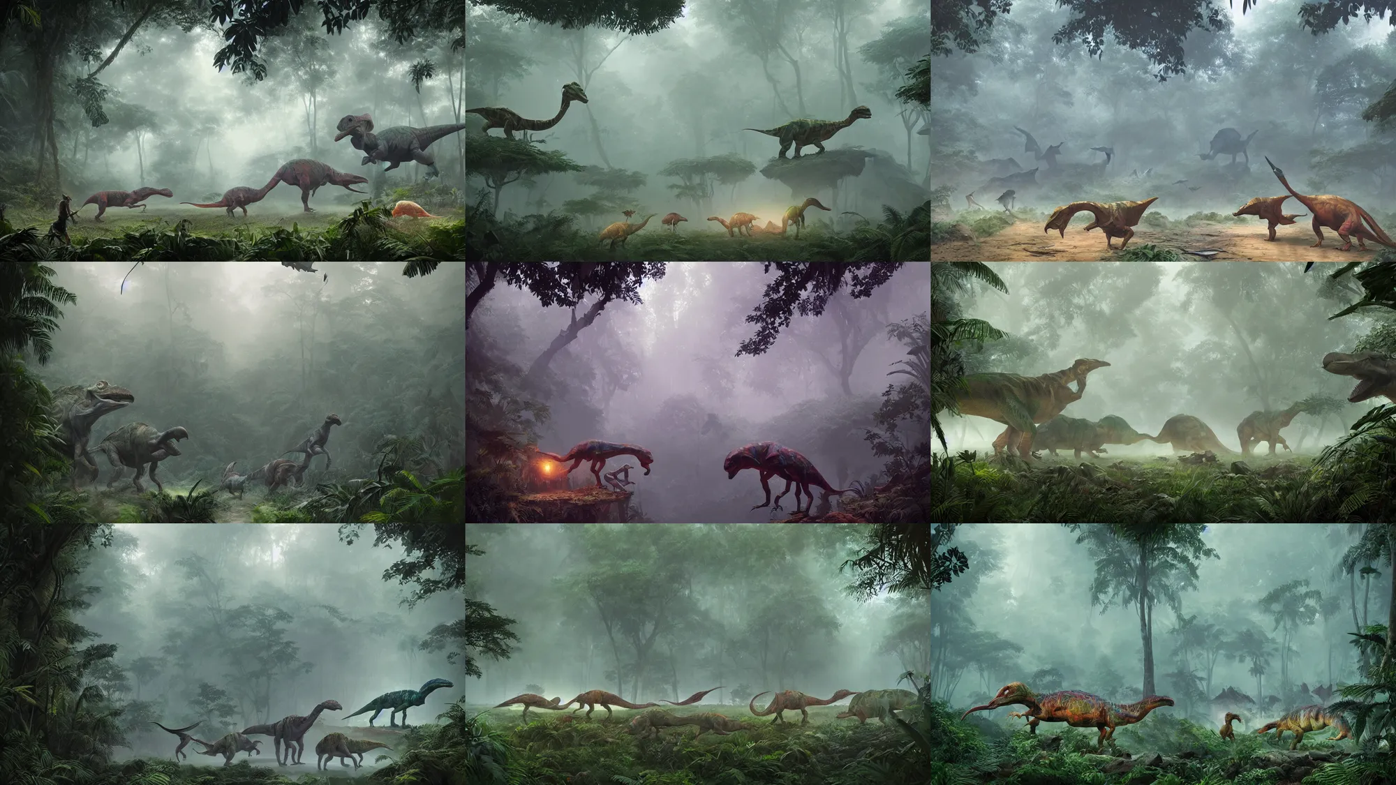 Prompt: holographic low - poly dinosaurs in a foggy jungle, by greg rutkowski