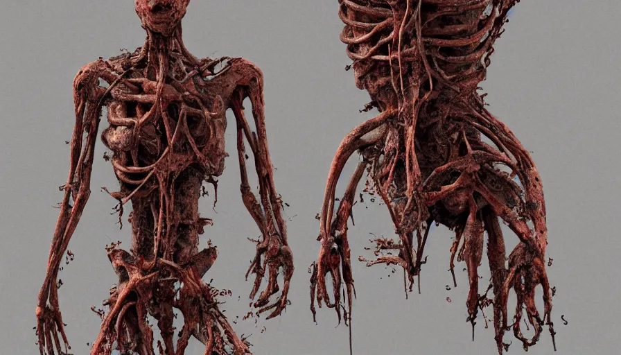 Prompt: Techno-biological rusty Obiekt 490 Poplar consisting of tumors, meat, veins, bones, guts, kidneys, wires. Biopunk, body-horror, high detail, photorealism, full length view, very rust, concept art, octane render, 16k, 8k