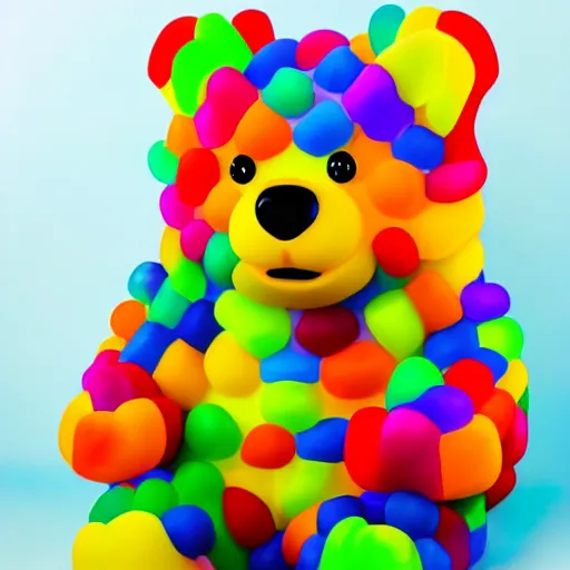 Image similar to high quality photo of a giant gummi bear made in rainbow colors in front of a white background