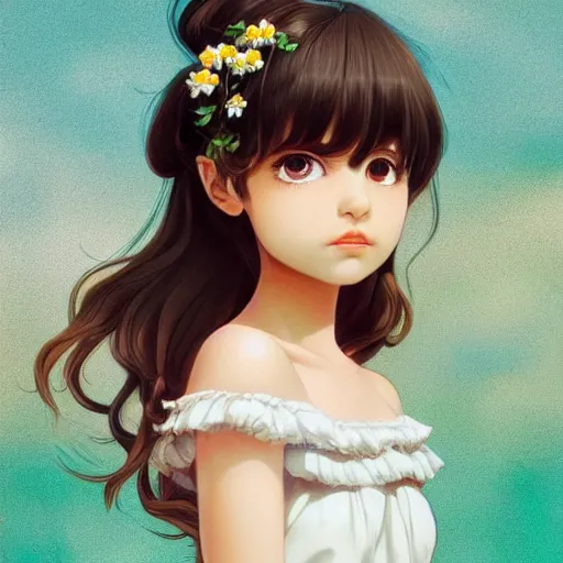 Image similar to little brown girl with flowers in hair wearing an white dress. art by ilya kuvshinov, profile picture, inspired in hirohiko araki, realistic, highly detailed, 8 0 s anime art style, vogue cover