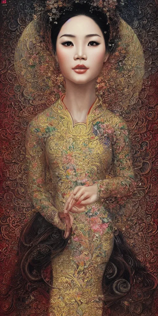 Image similar to portrait of a beautiful vietnamese woman wearing vietnamese ao dai, intricate, detailed, symmetric face, by wlop and karol bak