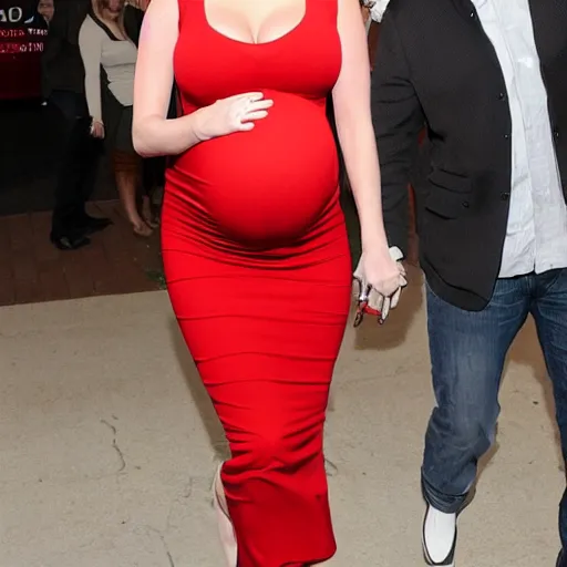 Prompt: Pregnant Katy Perry in a red dress at a movie premiere, paparazzi photograph