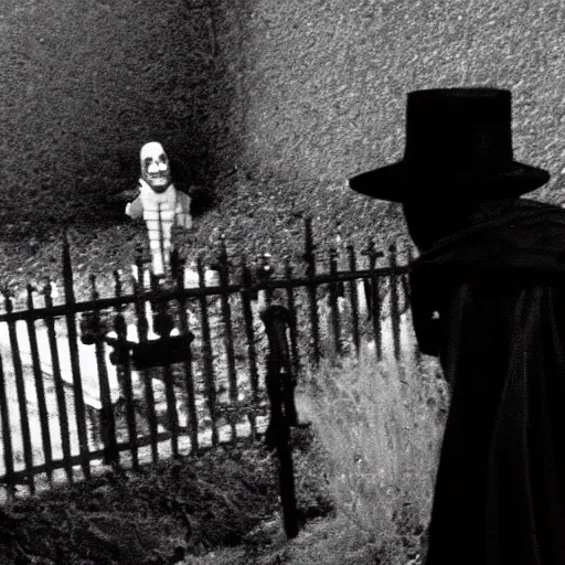 Prompt: cctv security cam grainy black and white footage of baron samedi in an spooky graveyard. baron samedi is looking at the camera.