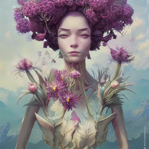 Image similar to exquisite flowers, imaginative alien creature poster art, humanoid, anthro, botanical illustration 8 k, octane render by lucusfilm weta studio tom bagshaw james jean frank frazetta, james gurney martine johanna and simon stalenhag and chie yoshii and casey weldon