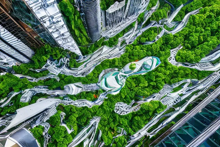 Image similar to birds eye view of a gigantic drift wood monster looming over a bright and lush futuristic city by