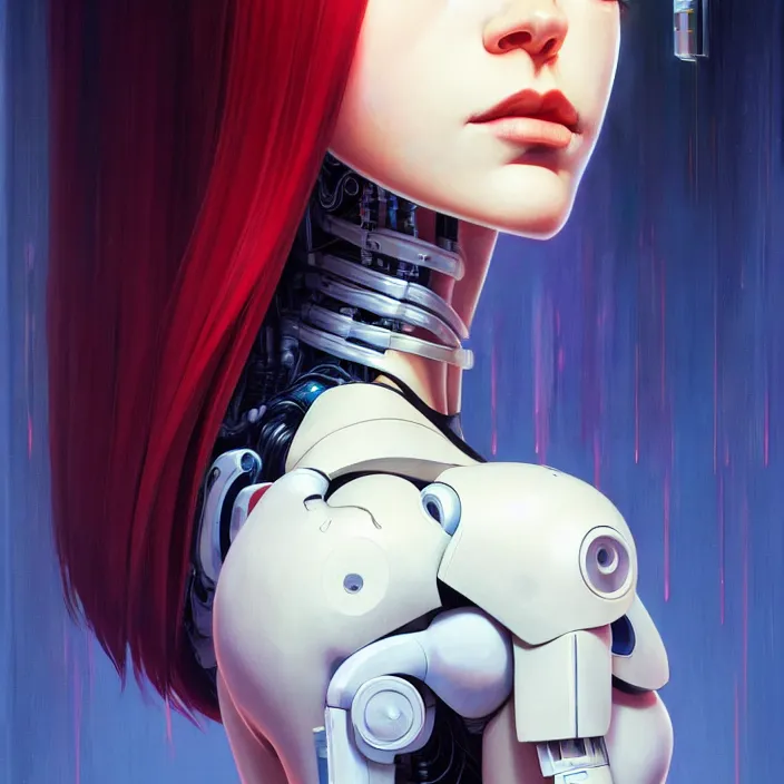 Prompt: side portrait of cyborg girl with robotic parts | | head only, audrey plaza, fine detail!! anime!! realistic shaded lighting!! poster by ilya kuvshinov katsuhiro otomo ghost - in - the - shell, magali villeneuve, artgerm, jeremy lipkin and michael garmash and rob rey
