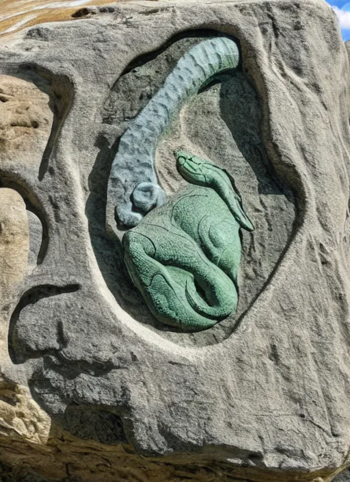Prompt: geologic rock relief a rock showing, dinosaurs, UFOs, Crocodile Loki, Atlantis